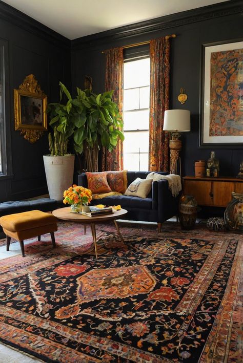 Persian rug decor, eclectic home design, interior rug decorating, living room rug ideas, home decorating style, eclectic space planning, Persian rug interior design Traditional Eclectic Living Room, Black Boho Living Room, Moody Rug, Eclectic Vintage Living Room, Persian Interior Design, Persian Interior, Choosing A Rug, Eclectic Interior Design Vintage, Persian Rug Living Room