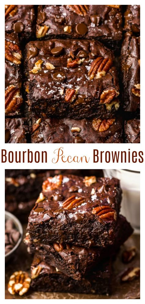 Bourbon Brownies Recipes, Bourbon Brownies, Brownies Decorados, Pecan Brownies, Brownies Recipe Homemade, Boozy Desserts, Homemade Brownies, Crunchy Pecans, Brownie Recipe