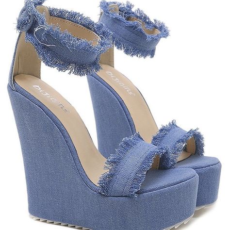 Leather Wedding Shoes, Summer Shoes Wedges, Trendy High Heels, Heels Patterns, Denim Sandals, Shoes Heels Classy, Platform Wedge Heels, Ankle Strap Shoes, Super High Heels