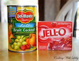 Big dessert! My nana would give me jello and add canned fruit. So fancy! Love the one cherry:) Jello In A Can, Fruit Cocktail Jello Recipes, Jello Salad With Fruit Cocktail, Jello Salad Recipes With Fruit Cocktail, Canned Fruit Cocktail Recipes Desserts, Jello And Fruit Cocktail, Jello With Fruit Cocktail How To Make, Jello Add Ins, Fruit In Jello