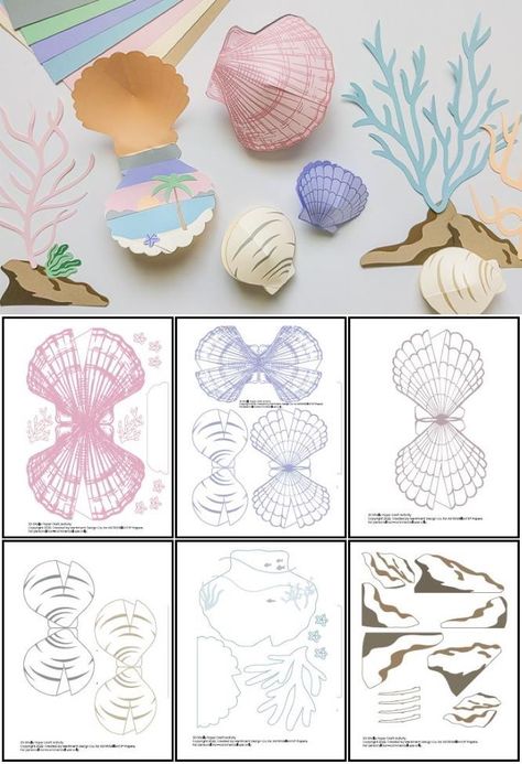 PAPERMAU: 3D Shells Beach-Themed Summer Papercraft - by Kathy Beymer via Astrobrights Seashell Paper Crafts, Beach Paper Craft, 3d Printable Paper Crafts, Paper Shells, Beach Themed Crafts, Shells Beach, Shell Craft, Shells Diy, Papercraft Printable