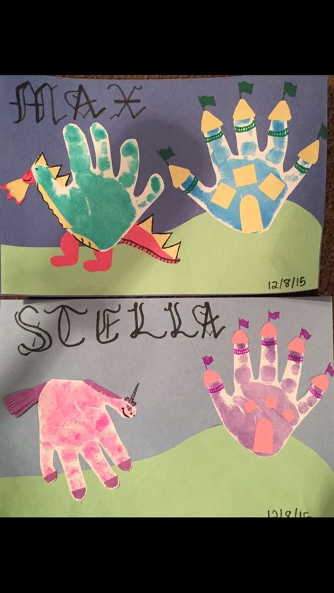 Handprint Dragons, Unicorns, and Castles Preschool Fairy Tales, Dragon Crafts Preschool, Handprint Halloween, Fairy Tales Preschool Activities, Fairy Tales Preschool, Toddler Thanksgiving, Castle Crafts, Fairy Tale Crafts, Bat Craft