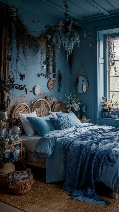 29 Blue Boho Bedroom Ideas 27 Blue Cottage Core Bedroom, Blue Dark Academia Bedroom, Dark Blue Boho Bedroom, Electric Blue Bedroom, Blue Vintage Room, Blue Country Aesthetic, Blue Boho Room, Blue Wall Room, Boho Blue Bedroom