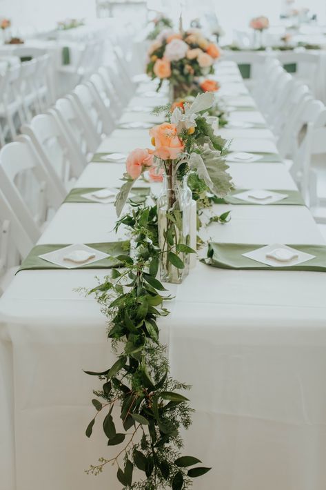 The Hofmeister Wedding at Firefly Gardens in north Texas. May 27, 2017. Photo by: Madalynn Young Photography.  Table centerpieces. Bright spring colorful flowers. Bud vases. Greenery table runners. white wedding. Wedding Table Greenery Runner, Ruscus Table Runner, Boho Wedding Table Runner, Greenery Table Runner, Starlight Wedding, Wedding Reception Tables Layout, Rustic Tablescape, Bud Vases Wedding, Greenery Runner