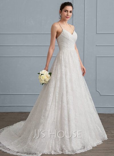 [£159.00] A-Line/Princess Sweetheart Sweep Train Lace Wedding Dress With Ruffle Wedding Dress Ruffle, Monica Dress, Crystal Wedding Dresses, Sweep Train Wedding Dress, Dress Train, Wedding Silhouette, Ruffle Wedding Dress, Lace Beach Wedding Dress, Wedding Dress Train