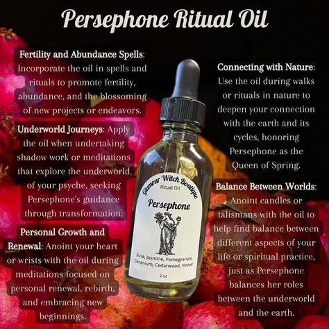 Step into the realm of renewal and transformation with our Persephone Ritual Oil 🌸💀✨. This divine blend captures the dual essence of Persephone, embodying both the tender bloom of spring and the profound depths of the underworld. Infused with floral notes for her ascent and earthy undertones for her reign below, this oil aids in rituals of rebirth, personal growth, and navigating life's transitions. Anoint yourself to honor your own cycles of change, just as Persephone embraces her dual role ... Perspherone Goddess, Working With Persephone, Persephone Ritual, Persephone Alter, Persephone Altar, Hellenic Pagan, Witchcraft Knowledge, Goddess Persephone, Crystals Spirituality