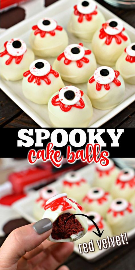 Halloween Cake Balls Easy, Monster Cake Balls, Eyeball Cake Balls, Halloween Cake Balls, Easy Mini Cake, Spooky Desserts, Eyeball Cake Pops, Red Velvet Cake Balls, Cake Pucks