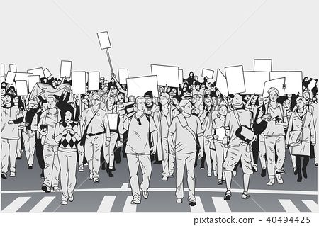 People marching on street with blank signs Protest Illustration, Crowd Drawing, Stylized Drawing, Project Cover Page, Military Drawings, Comic Tutorial, Adobe Illustrator Graphic Design, Blank Sign, Zine Design