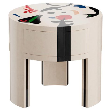 Modern Round Nighstand Bedside Table Surrealist Miró Print White Wood Marquetry For Sale at 1stDibs Round Nightstand, Nightstand Table, Mid Century Modern Bedroom, Wood Bedside Table, Modern Bedside Table, Modern Round, Marquetry, Minimalist Modern, Ash Wood