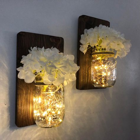 Fairy Lights Decor Bedroom, Bedrooms Lights, Enchanted Room, Hanging Sconces, Winter Tablescapes, Fairy Lights Decor, Rustic Sconces, Bedroom Decor Lights, Hanging Mason Jars