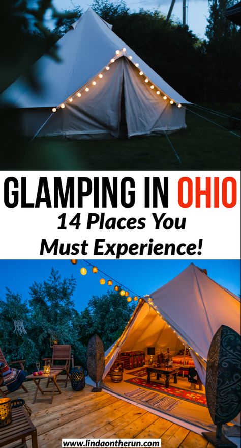 Two glamping experiences: one tent closed up with twinkling lights and another tent with a large wooden deck with patio furniture and twinkling lights Treehouse Village, Ohio Travel, Go Glamping, Luxury Glamping, Midwest Travel, Appalachian Mountains, Camping Checklist, Camping Glamping, Unique Experiences