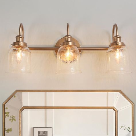 Gold Bathroom Lighting, Vanity Bathroom Lights Over Mirror, Gold Bathroom Light Fixtures, Over Mirror Bathroom Lighting, Vanity Lights, Bathroom Lighting Over Mirror, Master Bath Vanity Lighting, Brushed Gold Vanity Lighting, Brushed Bronze Bathroom