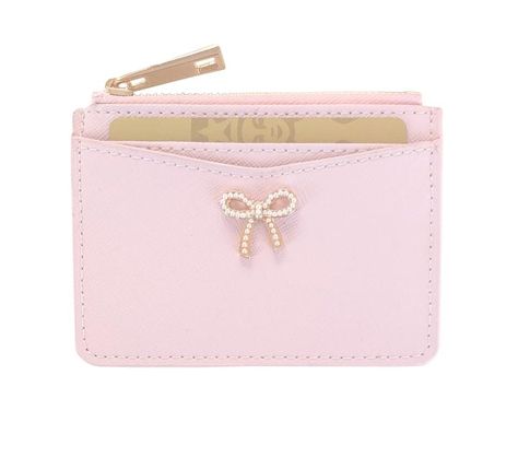 Elegant Pink Everyday Card Holder, Chic Rectangular Card Holder For Gift, Elegant Pink Rectangular Card Holder, Pink Card Holder With Card Slots As Gift, Pink Card Holder With Interior Slots As Gift, Bow Applique, Pearl Bow, Cute Wallets, Girly Bags