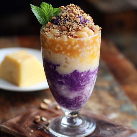 🍧 Dive into Halo-Halo—an iconic Filipino dessert bursting with vibrant flavors and textures. Perfect for cooling off and indulging! 🇵🇭🌈 #HaloHalo #FilipinoTreats Halo-Halo Ingredients: Shaved ice (4 cups) Evaporated milk (1 cup) Sweetened red beans (1/2 cup) Sweetened jackfruit (1/2 cup) Leche flan (1/2 cup, cubed) Ube ice cream (1 cup) Crushed nuts (1/4 cup) Tapioca pearls (1/4 cup, cooked) Instructions: In a glass, layer sweetened beans, jackfruit, and tapioca pearls. Top with shaved ic... Filipino Halo Halo, Halo Halo Filipino, Halo Halo Dessert, Filipino Sweets, Ube Ice Cream, Filipino Dessert, Instagram Recipes, Halo Halo, Tapioca Pearls