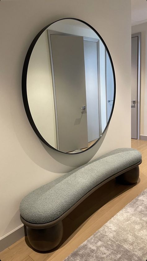 #interiorinspiration #mirror #minimalist #livingroomfurniture Big Round Mirror Entryway, Big Circle Mirror, Black Circle Mirror, Round Mirror Living Room, Circle Mirror Wall, Big Round Mirror, Large Circle Mirror, Vanity Living Room, Mirror For Entryway