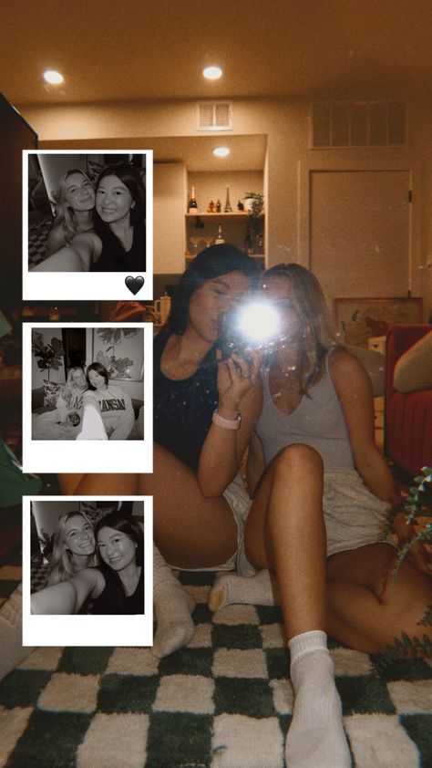 Two friends taking mirror selfie with digital camera sitting on the floor. Pictures edited with filter. Black and white and filmy vibe. Polaroid collage with 3 photos on top of one selfie. Best Friend Collage Instagram Story, Instagram Edit Story Idea, Ig Story Multiple Pictures Ideas, Friend Story Ideas Instagram, Insta Story Ideas 2 Photos, 2 Pictures Instagram Story Ideas, Idea For Ig Story, Ig Story Idea With Friends, Bf Instagram Story Ideas