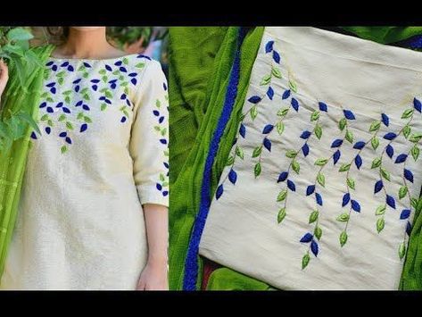 Embroidery Design For Kurtis, Churidar Designs, Hand Embroidery Dress, Simple Embroidery Designs, Embroidery On Kurtis, Kurti Embroidery Design, Hand Embroidery Videos, Hand Embroidery Tutorial, Handmade Embroidery Designs