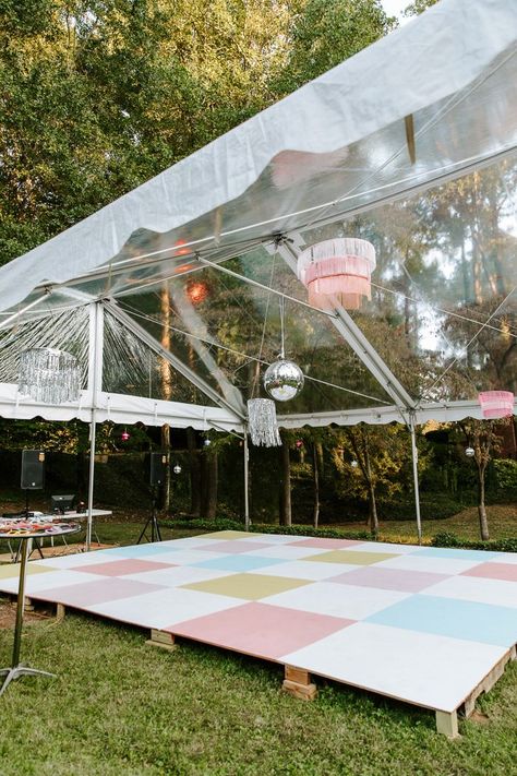 The pastel-checkered dance floor welcomed guests to kick off their shoes and revel in an all-night party filled with joy and celebration.| Image by Payton Urueta Photography Pastel Dance Floor, Diy Checkerboard Dance Floor, Backyard Wedding Dance Floor Diy, Colorful Dance Floor, Dance Floor Outdoor Wedding, Backyard Wedding Dance Floor, Backyard Dance Floor, Backyard Wedding Ideas Reception, Checkered Dance Floor Wedding