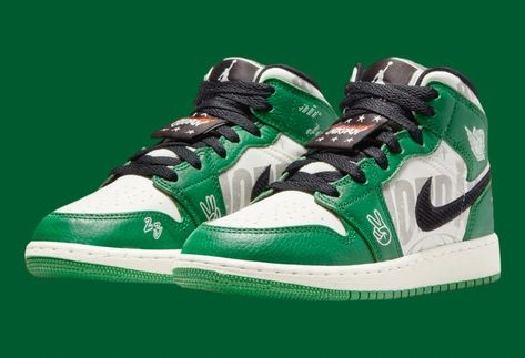 Air Jordan 1 Mid GS Pine Green HF3200-300 Playful Branding, Walking Art, Air Jordan 1 Mid Gs, Sneaker Bar, Sneaker Release, Pine Green, Air Jordan 1 Mid, Jordan 1 Mid, Adidas Yeezy