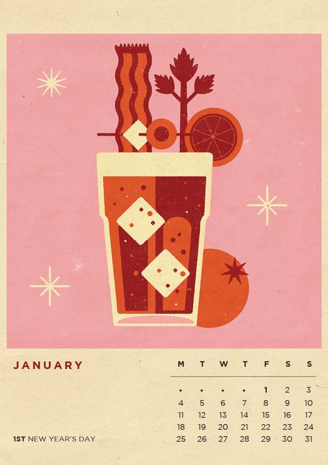 Illustrated Calendar 2016 - Seasonal Refreshments. on Behance Cocktail Graphic, Illustrated Calendar, Illustration Calendar, Cocktail Illustration, 달력 디자인, Vintage Calendar, Mid Century Illustration, Affinity Designer, Retro Illustration