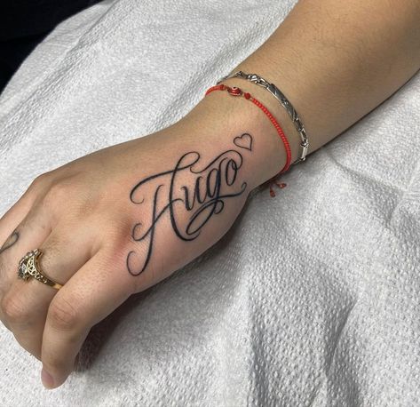 Hugo Tattoo Name, Ivan Name Tattoo, Hand Tattoos With Names, Name Tattoos On Women, Feminine Name Tattoos, Jose Name Tattoo, Name Placement Tattoos, Hand Tattoo Name, Name Tattoo Hand