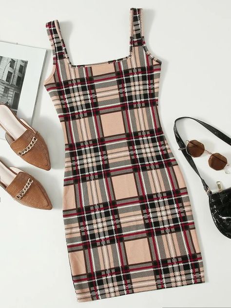 SHEIN Double Square Neck Plaid Bodycon Dress | SHEIN USA Plaid Bodycon Dress, Shein Outfits, Shein Dress, Belted Shirt Dress, Smock Dress, Trending Dresses, Bodycon Mini Dress, Women Dresses, Black And Tan