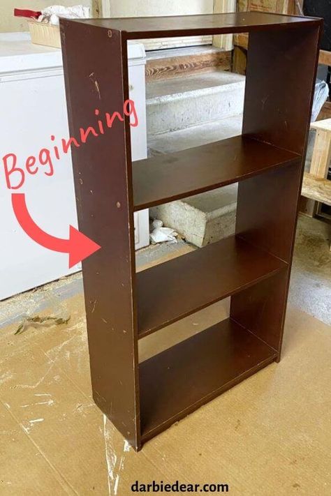 Upgrade Bookshelf Diy, Repaint Bookshelf, Repurpose Bookshelf Ideas, Wood Bookshelf Makeover, Bookshelf Refurbish Ideas, Bookshelf Makeover Diy, Refurbished Bookshelf, Walmart Shelves, Cheap Bookshelves