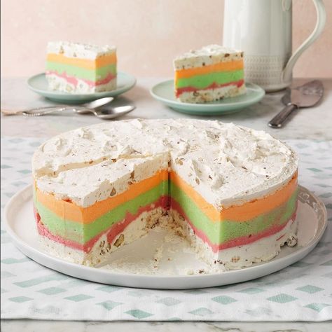 Macaroons and pecans combine to make this layered sherbet dessert. You're bound to get lots of oohs and ahhs! Traditional Easter Desserts, Strawberry Shortcake Ice Cream, Macaroon Cookies, No Bake Recipes, Making Homemade Ice Cream, Easter Desserts Recipes, Easter Dinner Recipes, Easter 2023, Rainbow Sherbet