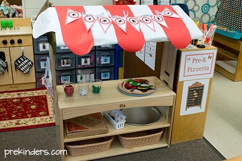 Dramatic Play Pizza Shop - thanks @ PreKinders! Summer Fine Motor Activities, Play Pizza Shop, Shark Watermelon, Market Shelf, Office Doctor, Pizza Project, Pencil Grasp, Pizza Parlor, Purposeful Play