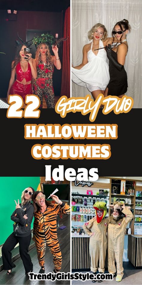 Collage featuring four different duo Halloween costume ideas for women. The title "22 GIRLY DUO HALLOWEEN COSTUMES Ideas" appears in white and orange text. Images showcase pairs of friends in coordinated costumes: a devil and leopard print combo in red and animal print, a Marilyn Monroe-inspired look with a companion in black, a tiger and rocker duo, and two Ghostbusters with quirky animal hoods. Matching Halowen Costums, Friendship Halloween Costumes 2 People, Costumes For Duos Best Friends, Duo Best Friend Halloween Costumes, 2 Person Costume Ideas, Cute Duo Halloween Costumes Best Friends, Halloween Costumes Besties, Duo Halloween Costumes Ideas, Girl Duo Costumes