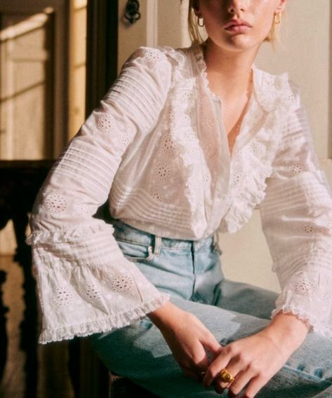 The Best Pieces From Sézane's Spring Collection | The Everygirl Ruffle Shirt, Shirt Embroidery, French Lace, Shop Maxi Dresses, Casual Blouse, Sleeves Pattern, Women Lace, Embroidered Shirt, Embroidered Lace