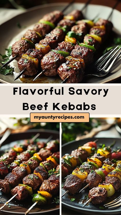 Enjoy a delicious meal with our Easy Savory Beef Kebabs Recipe! These kebabs feature juicy beef marinated in a mix of garlic, herbs, and spices, then grilled to perfection. Perfect for summer barbecues or weeknight dinners, they’re versatile and full of flavor. Serve with a dipping sauce or alongside your favorite sides for a crowd-pleasing dish! Kebab Recipes Beef, Beef Kebab, Grilled Skewers, Beef Kebabs, Kebab Skewers, Garlic Beef, Kebabs On The Grill, Beef Skewers, Skewers Grill