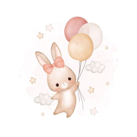 Rabbit Illustration Design, Baby Animal Illustration, Cute Rabbit Illustration, Easy Bunny Drawing, Rabbit Balloon, Watercolor Rabbit, Balloons Ideas, Rabbit Clipart, Rabbit Vector