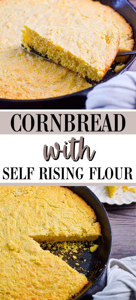 This foolproof recipe for Cornbread with Self Rising Flour is so easy to make and baked to perfection in a hot cast iron skillet! Enjoy this cornbread any time of year with your favorite chili or soups! Self Rising Flour Cornbread Recipe, Cornbread With Self Rising Flour, Cornbread No Cornmeal, Cornbread Recipe Using Self Rising Cornmeal, How To Make Corn Bread In A Cast Iron Skillet, Recipe For Cornbread, Vegan Cornbread, Cornbread Recipe Sweet, Vegan Egg Substitute