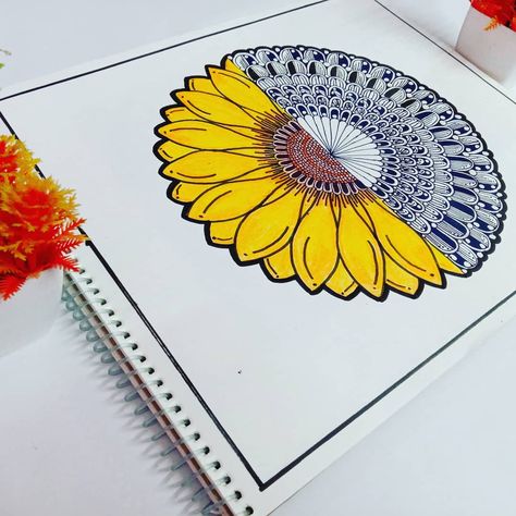 Follow me on instagram Half Mandala Half Flower, Half Mandala, Half Flower, Mandala Arts, Sunflower Mandala, Mandala Drawing, Mandala Coloring, On Design, Mandala Art