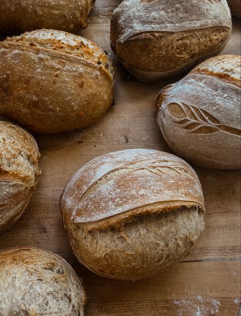 Multiple loaves of scored sourdough bread on wooden counter top Fresh Sourdough Bread, Loaf Of Bread Aesthetic, Aesthetic Bread Picture, Bread Loaf Aesthetic, Sourdough Bread Pictures, Sourdough Bread Photography, Homemade Bread Aesthetic, Bread Baking Aesthetic, Bread Making Aesthetic