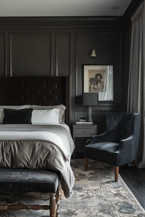 40 Modern Guest Bedroom Decor Ideas to Impress Your Guests Modern Grey Bedroom, Black And Grey Bedroom, Dark Gray Bedroom, Modern White Bedroom, Black Bedroom Design, White Bedroom Design, Sophisticated Bedroom, Dark Bedroom, Gold Bedroom