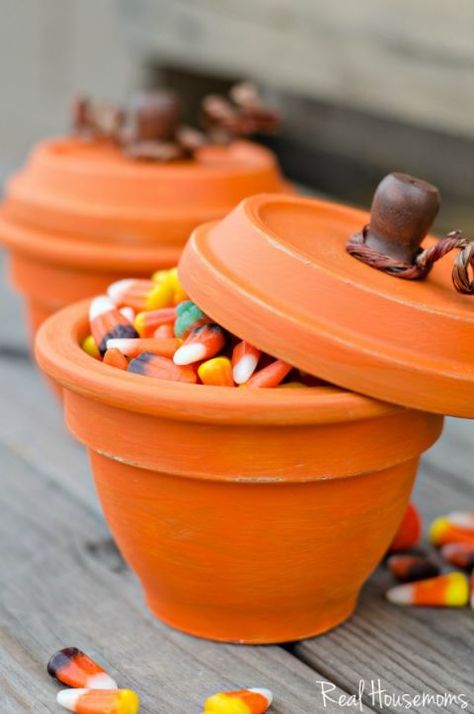 DIY Pumpkin Terracotta Pots: These adorable pumpkin pots make great party favors. Just fill with candy corns! Click through to find more easy DIY fall crafts for adults and kids. Easy Diy Fall Crafts, Fall Crafts For Adults, Thanksgiving Crafts Diy, Dulces Halloween, Easy Thanksgiving Crafts, Dekor Diy, Diy Thanksgiving, Thanksgiving Diy, Clay Pot Crafts