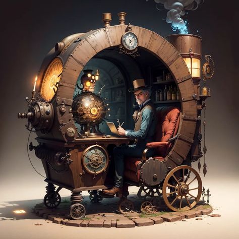 The image is a steampunk-themed illustration of a man sitting in a fantastical vehicle. The man is wearing a top hat and a monocle and has a pipe in his mouth. He is seated in a large, round vehicle with a wooden frame and metal accents. The vehicle has a large clock on the front and several other steampunk gadgets and gizmos. The man is holding what appears to be a quill pen and is writing something on a notepad. The vehicle is surrounded by various steampunk accessories, including a lamp, a globe, and a skull. The image has a sepia tone and a somewhat whimsical atmosphere. Steampunk Gadgets, Whimsical Accessories, Man Sitting, Steampunk Lamp, Steampunk Accessories, Gadgets And Gizmos, Large Clock, Metallic Accents, Stables