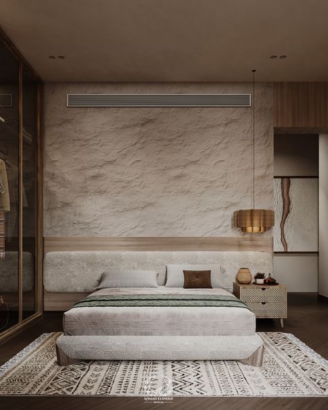 This bedroom design embodies a warm, earthy vibe with a focus on natural textures. The textured wall behind the bed brings depth, contrasting with the soft, cozy headboard and neutral-toned bedding.  The pendant light's woven pattern gives an organic touch, while the wooden nightstand and woven embellishments add to the room's serene, nature-inspired atmosphere.
 #wabisabi #wabisabiinterior #wabisabibedroom #cozyBedroom #bedHeadboardDesign #luxuryBedroomMaster #contemporaryBedroom #homeDecor Wabi Sabi Bedroom Design, Minimal Wabi Sabi, Wabi Sabi Bedroom, Wabi Sabi Interior Design, Beautiful Bedroom Designs, Concrete Effect Paint, Luxe Bedroom, Walls Decor, Minimalist Apartment Style