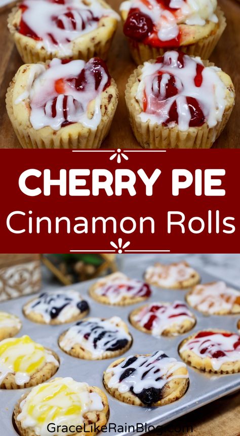 Fruit Pie Cinnamon Roll Cups are a delicious breakfast idea that you make with canned cinnamon rolls and pie filling in your favorite flavor. We're adding sweetened cream cheese in the middle for depth of flavor. It's almost like cheesecake topped with your favorite fruit filling on a fluffy cinnamon roll. This is a family favorite! OMG So good! Pie Filling Breakfast Recipes, Cherry Cinnamon Rolls, Cinnamon Roll Cups, Pillsbury Cinnamon Roll Recipes, Cinnamon Roll Desserts, Canned Cinnamon Rolls, Fluffiest Cinnamon Rolls, Pillsbury Cinnamon Rolls, Fruit Pie Filling