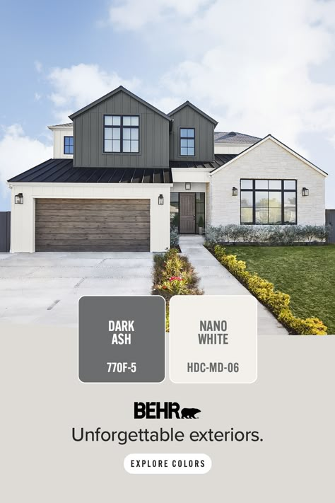 Create a timeless and sophisticated first impression with Nano White and Dark Ash. Dark Exterior Colors For House, Behr Outdoor Paint Exterior Colors, Behr Exterior Paint Combinations, Behr Exterior Paint Colors For House, Behr Exterior Paint, Exterior Paint Schemes, Patio Design Ideas, Modern Patio Design, Color Of The Month