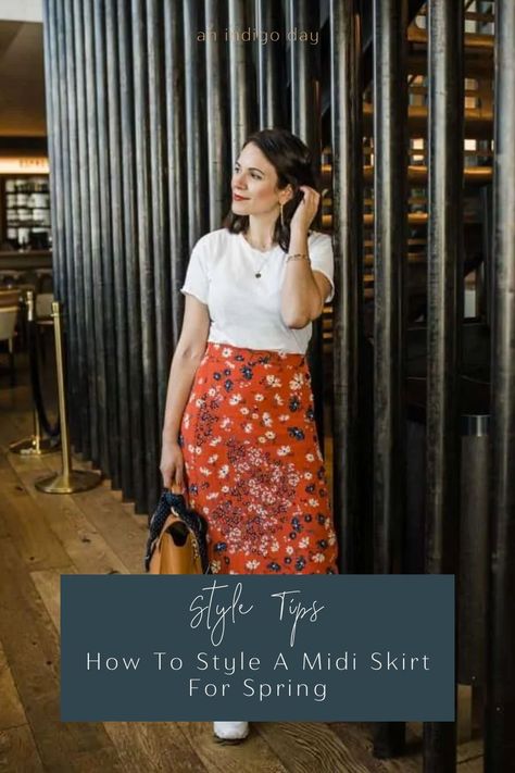 Discover essential styling tips to styling your midi skirt look for spring and summer. Get inspired and learn to create chic, stylish outfits effortlessly. From pairing your favorite pieces to finding fashion inspiration, this blog post will guide you through my favorite tips to styling midi skirts for spring and summer! Styling Midi Skirts, Style A Midi Skirt, Skirts For Spring, Printed Skirt Outfit, Skirts Ideas, Midi Skirt Spring, Midi Skirt Outfit, Spring Skirts, Simple Tees