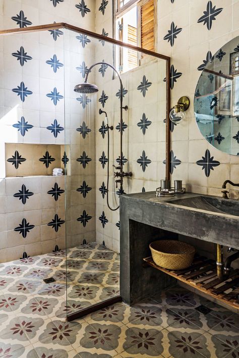 Tiled bathroom at Gardens Havana Cuban Tile Bathroom, Spanish Tile Bathroom, Havana House, Cuban Tile, Mid Century Apartment, Tiled Bathroom, Caribbean Homes, Under The Skin, Guest Houses