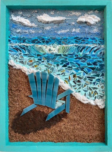 Mosaic Waves Ocean, Mosaic Beach Scenes, Seascape Mosaic, African Dolls Handmade, Stained Glass Bottle, Nautical Mosaic, House Mosaic, Mosaic Water, Mosaic Waves