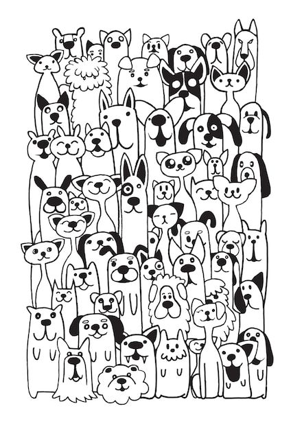 Hand drawn doodle funny dogs and cat set... | Premium Vector #Freepik #vector #dog-doodle #abstract-doodle #cat-sketch #cartoon-doodle Paw Cartoon, Cat And Dog Drawing, Doodle Funny, Arte Doodle, Doodle Background, Dog Line, Cat Doodle, Animal Doodles, Cat Vector