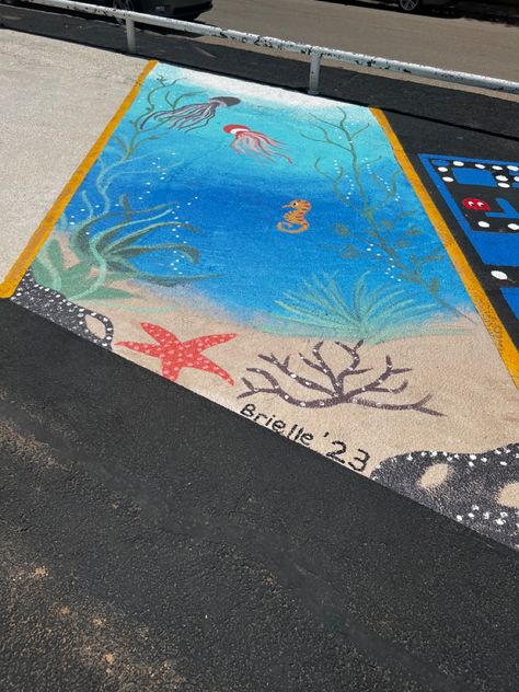 Ocean/beach themed senior parking spot! 🌊🏖🪸🐚🐠 Parking Spot Senior, Cute Parking Spot Painting Ideas, Senior Parking Spot Ideas, Parking Spot Ideas, Senior Parking Spot, Parking Spot Painting, Beachy Theme, Coconut Dream, Senior Activities