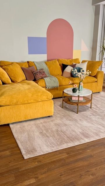 Joybird Yellow Couch, Colorful Couches Living Room, Joy Bird Furniture Living Rooms, Yellow Sectional Sofa Living Room, Mustard Sectional Living Room, Colored Sectional Couch, Cute Comfy Couches, Colorful Sectional Sofa, Sectional Living Room Apartment