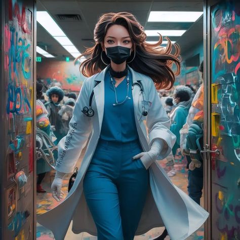 🛋️ Prompt🔹A stunning 3D anime-style illustration of a confident female doctor, with her long brown hair flowing like a celebrity's. She dons a black mask, a long white coat with full sleeves, and her stethoscope is draped around her neck. Surrounded by a bustling emergency room, she exudes professionalism and warmth as she smiles at her patient. The background is filled with vibrant colors and graffiti, reflecting the urgency and importance of her role as a healthcare provider. The overall at... Doctor Fashion, Anime Elements, Lady Doctor, Anime Mask, Long White Coat, Hair Flowing, Female Heroines, Medical Photography, Medical Careers