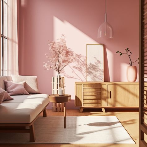 Pink Scandinavian Interior, White And Pink Interior Design, Wood And Pink Interior, Pink White Interior, Japandi Pink Bedroom, Pink Brown Interior, Blush Pink Interior Design, Pink And Wood Living Room, Pink And Wood Bedroom